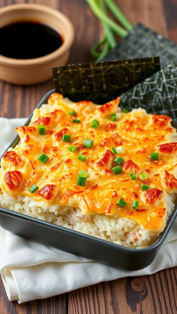 An 8x8 baking dish filled with sushi bake, topped with golden panko breadcrumbs and cheese, surrounded by nori and soy sauce.
